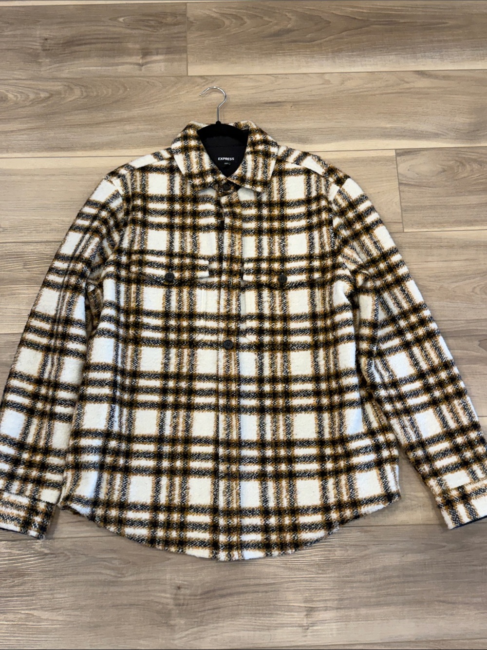 Express White and Brown Plaid Lightweight Shacket